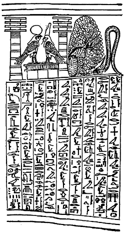 The soul of Rā (1) meeting the soul of Osiris (2) in Tattu, The cat (i.e., Rā) by the Persea tree (3) cutting off the head of the serpent which typified night.