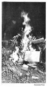 Music is burned during riot Aug. 27, 1949 at Lakeland Acres picnic area near Peekskill.